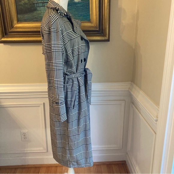 ZARA Black White Houndstooth Fringe Double Breasted Trench Coat - Picture 4 of 12